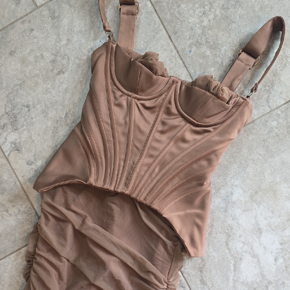 House of CB Tan Corset Ruched Dress